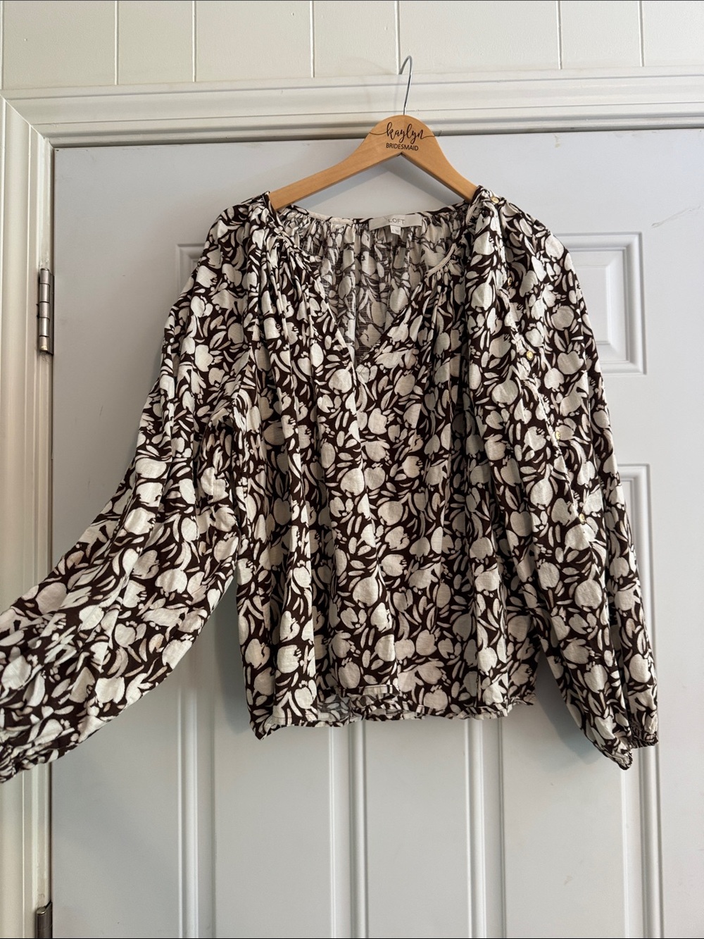 LOFT Brown & White Floral V-Neck Peasant Blouse